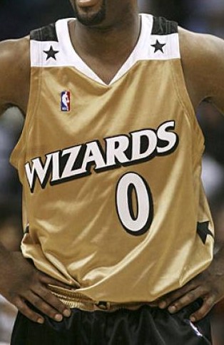 Washington Wizards Alternate Uniform (2007) - 'Wizards' on white on gold  jersey wit…